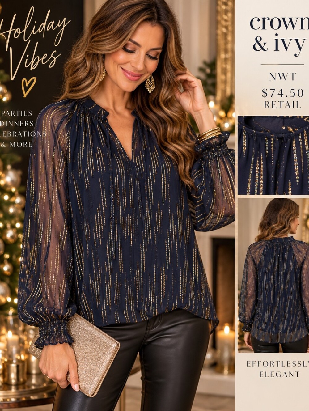 Crown & Ivy NWT Large Navy Gold Metallic Holiday Shine Sheer Blouse